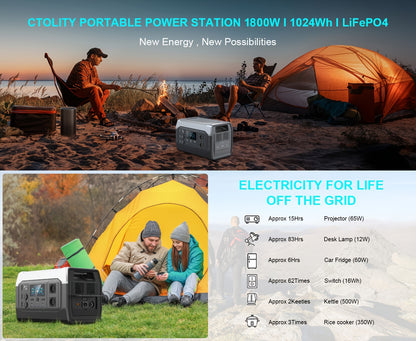 CTOLITY XP1000 Solar Generator 1024Wh LiFePO4 Portable Power Station - 1800W 2x AC Outlets, 100W Solar Panel, 1H Fast Charge, 3000+ Cycles for Camping, RV, Home Backup, Solar Power Bank Portable Charger