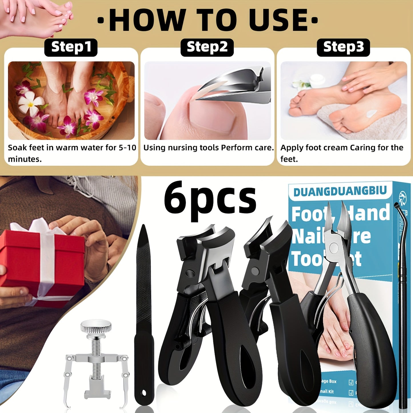 6pcs Ingrown Toenail Care Kit - Wide Jaw & Large Angled Clippers for Thick Nails, Includes Nail File & Pedicure Tools, Long Handles, eagle beak nail clippers, Ideal for Men & Women's Manicure and Pedicure Set, DUANGDUANGBIU