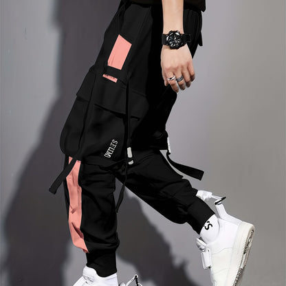 Multi-pocket Ribbon Design, Men's Color Block Cargo, Trendy Comfy Jogger Pants