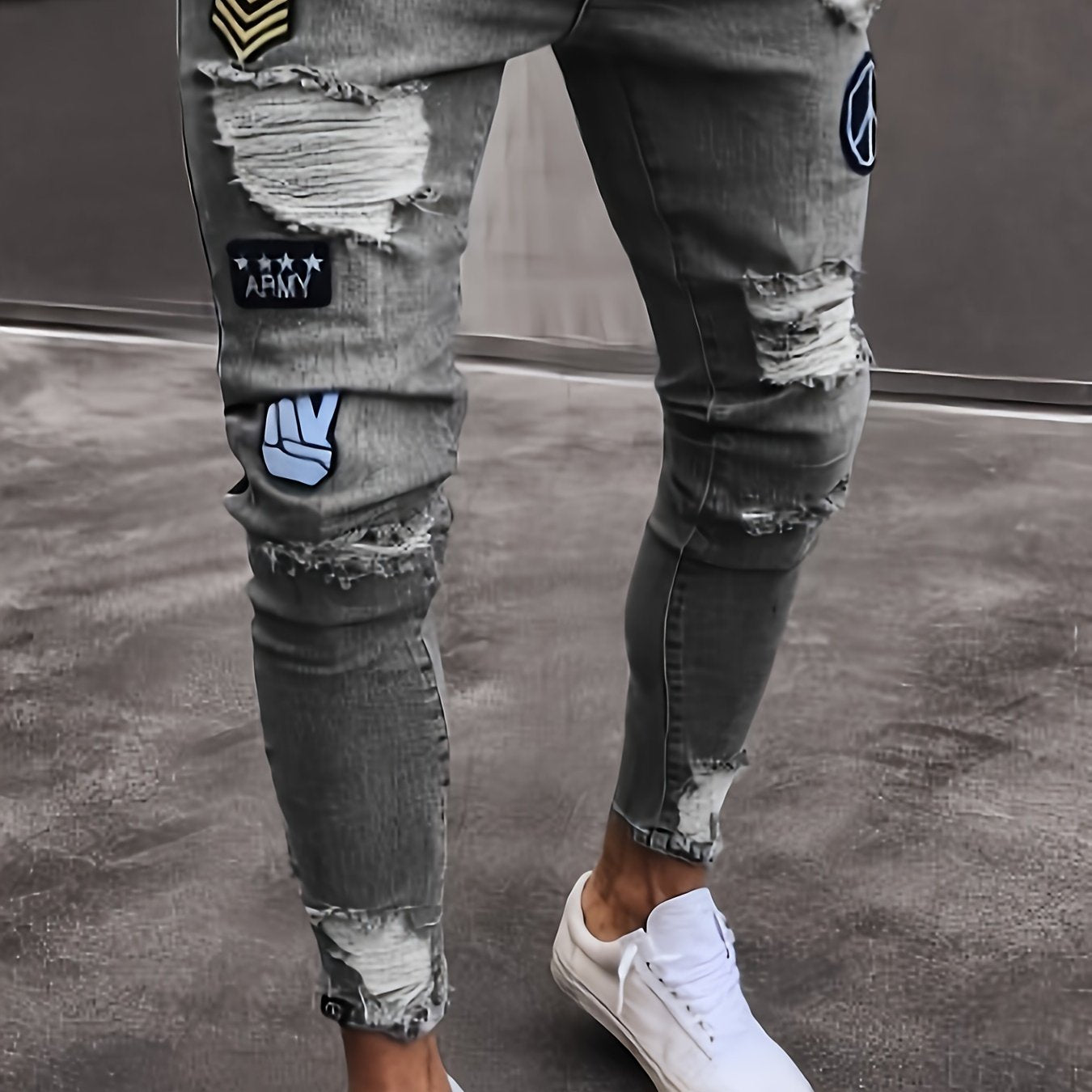 Men Fashion White Ripped Distressed Destroyed Washed Denim Jeans Ripped Slim Fit Wild Jeans White Denim Pants