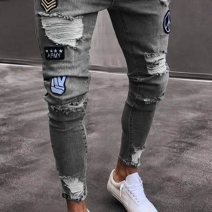 Men Fashion White Ripped Distressed Destroyed Washed Denim Jeans Ripped Slim Fit Wild Jeans White Denim Pants