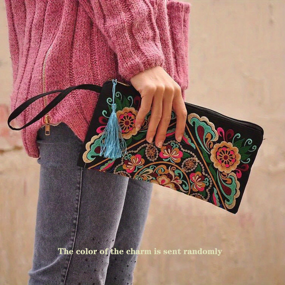 Retro Style Square Purse, Ethnic Style Phone Clutches, Floral Embroidery Handbag With Wristlet