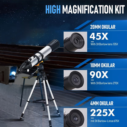 90mm Professional Astronomical Telescope, 90mm Objective Lens, 800mm Focal Length, 675x Magnification Moon Observing Telescope with Tripod - Suitable for Moon, Bird, Planetary Observation - Ideal Christmas And Birthday Gift