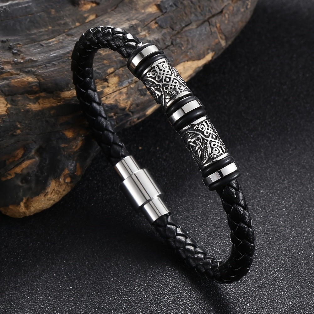 Men's Leather Bracelet, Handwoven Faux Leather Wristband - 21cm Elegant Multi-Layer Adjustable Strap, Durable Daily & Party Accessory Gift for Him