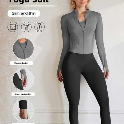 European Code Polyester Fabric Gym Running Clothes Long Sleeve Sports Jacket Cycling and Hiking Tightening Buttocks Pants Fitness Suit