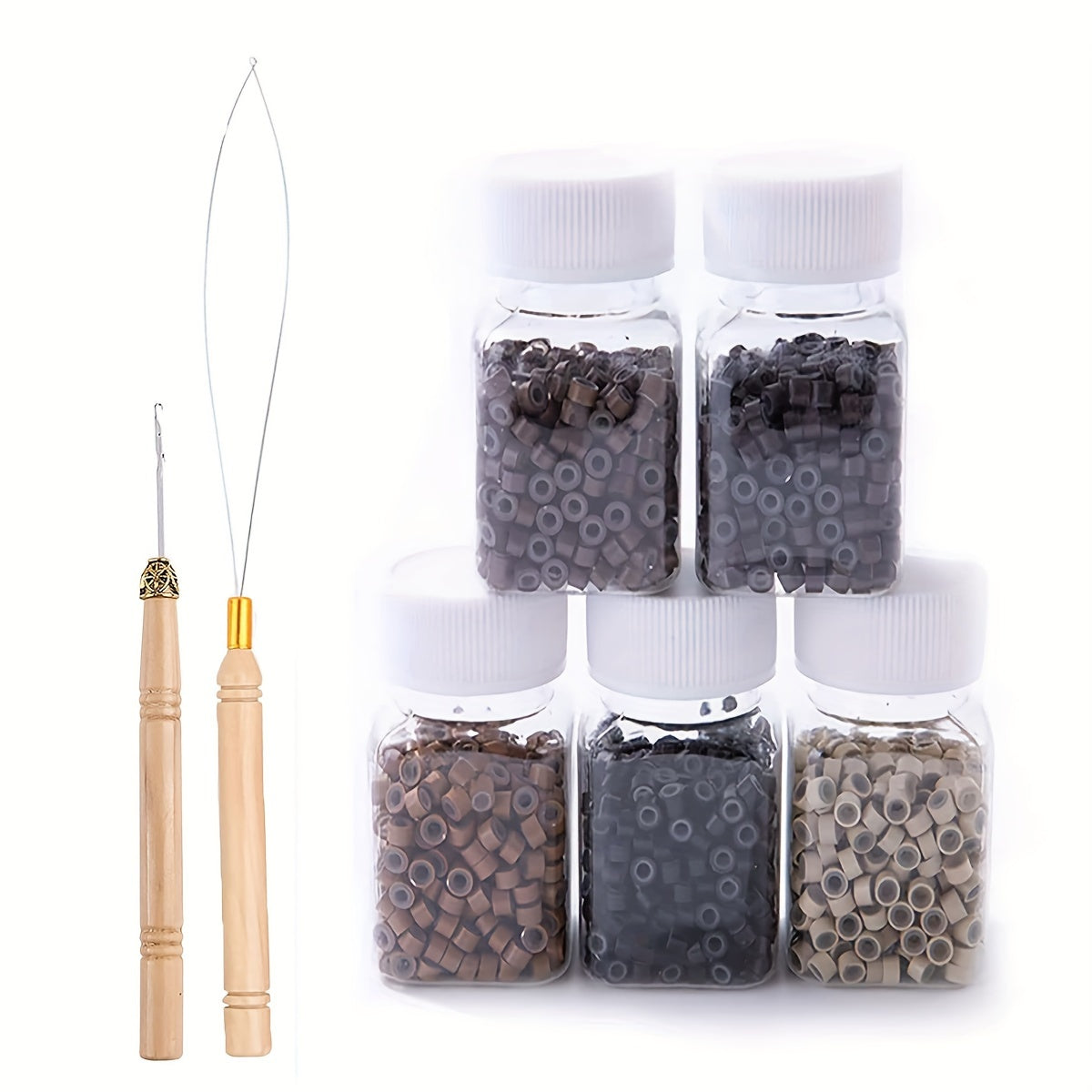 Hair Extentions Tools Kit 2500pcs Micro Rings Links Beads, 5mm Silicone Lined Beads For Human Hair Extensions Tool-Multi-colored With 1 Pcs Pulling Hook And 1 Pcs Hook Needle