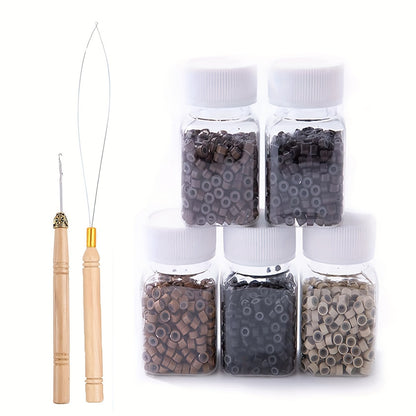 Hair Extentions Tools Kit 2500pcs Micro Rings Links Beads, 5mm Silicone Lined Beads For Human Hair Extensions Tool-Multi-colored With 1 Pcs Pulling Hook And 1 Pcs Hook Needle