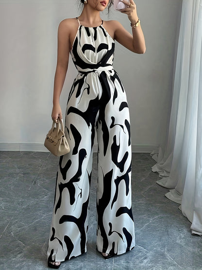 Elegante macacão feminino com ombros à mostra, estampado abstrato a preto e branco, pernas largas e atilhos na cintura - tecido de poliéster, perfeito para as férias e para um toque de elegância no dia a dia.