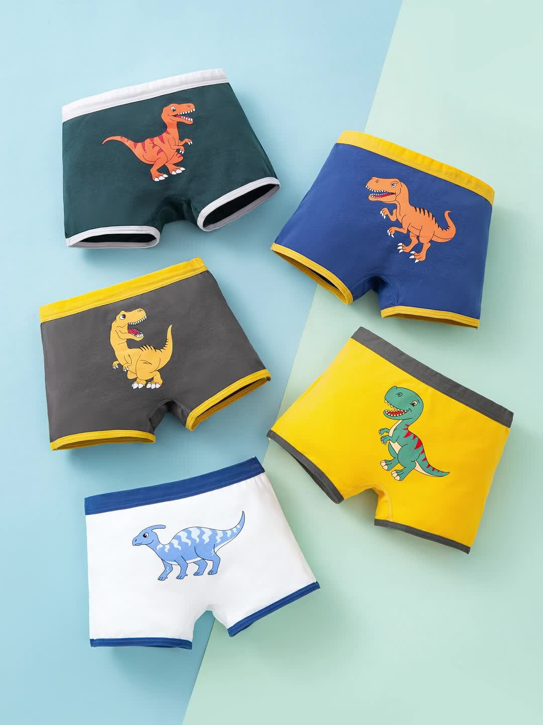 Conjunto de 5 Cuecas Boxer para Criança para Menino, 95% Algodão, Macias e Respiráveis, com Estampado Dinossauro, Tamanhos até aos 12 Anos.