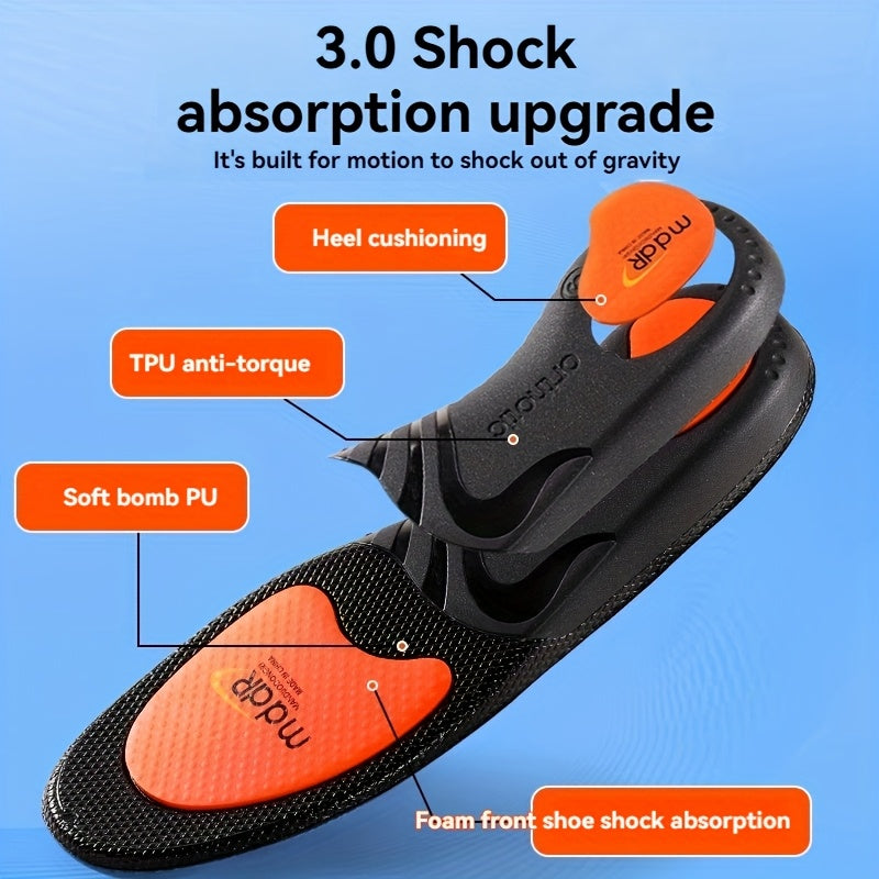1 Pair MADIFW  Support Sports Insoles - Upgraded TPU Anti-Torque 3.0 System, High Elastic Shock Absorption, Breathable & Comfortable for Active Lifestyles, Black with Orange Accents