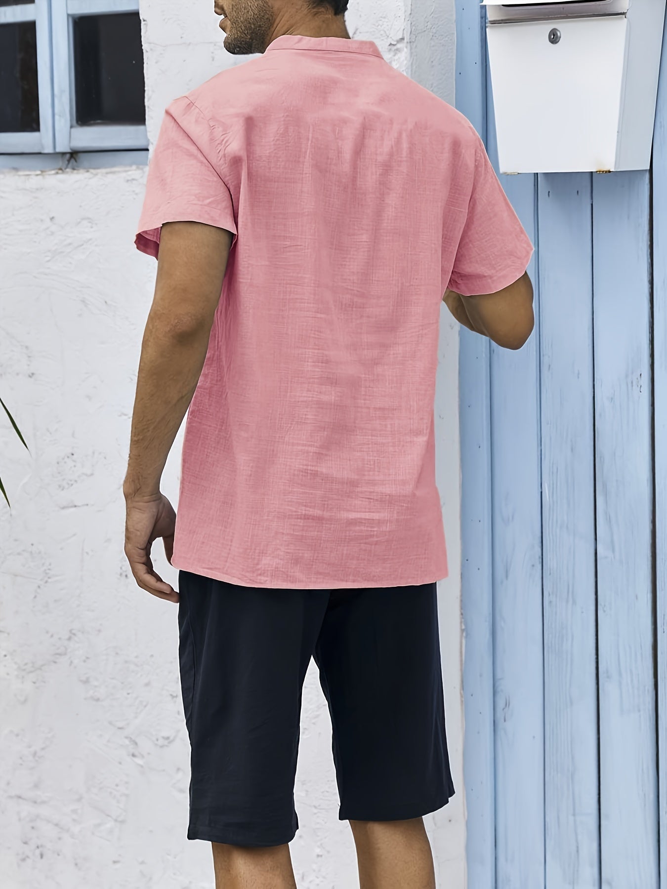 Men's Shirt Top, Solid Band Collar Short Sleeve Closure Summer Male Casual Henley Shirt For Daily Business Formal Shirts For Men