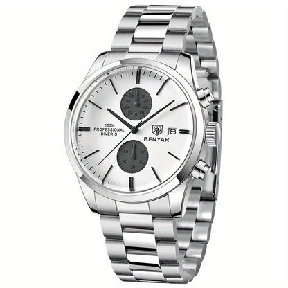 1pc New BENYAR Men's PU Leather Quartz Wristwatch, Men's 100M Multifunctional Watch Military Sports Chronograph Watch For Men
