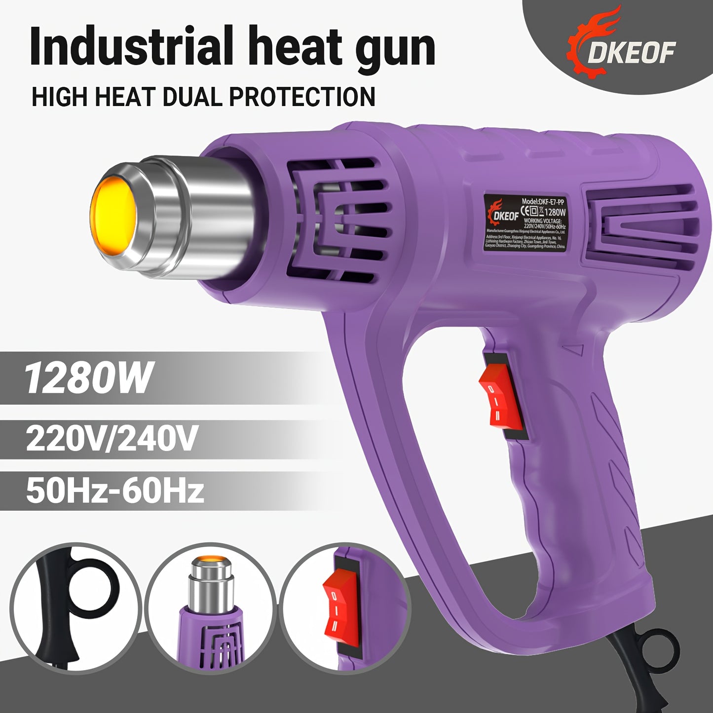 DKEOF Turbo Heat Gun Pro - 1280W High-Power Industrial Heat Gun with 4-Nozzle Kit, 100-600°C Precision Temperature Control, Overheat Protection, Durable Construction, Ergonomic Design, Heavy-Duty Metal Construction for Weldi
