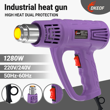DKEOF Turbo Heat Gun Pro - 1280W High-Power Industrial Heat Gun with 4-Nozzle Kit, 100-600°C Precision Temperature Control, Overheat Protection, Durable Construction, Ergonomic Design, Heavy-Duty Metal Construction for Weldi