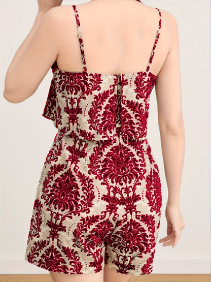 Women'S Elegant Off-Shoulder Jumpsuit - & Brown Floral Print, Backless Design, Lightweight Summer Outfit for Parties, Dates