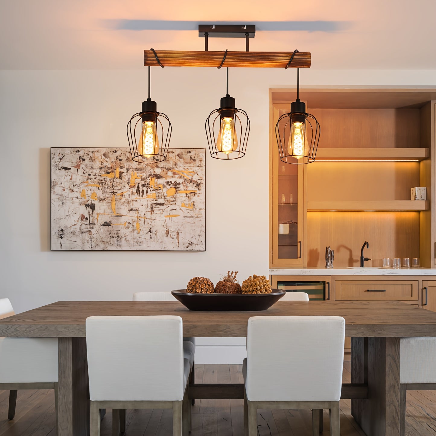 3 Bulbs Wooden Living Room Lamp Black - Socket: E27 - Vintage Ceiling Lamp, Height Adjustable Spotlight Made Of Metal And Wood (Without Bulb)