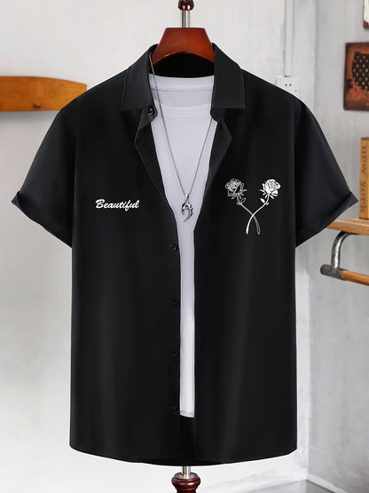 Camisa criativa para homem com estampado gráfico de rosas e letras "BEAUTIFUL", manga curta e lapela, em tecido sem elasticidade, ideal para o verão.