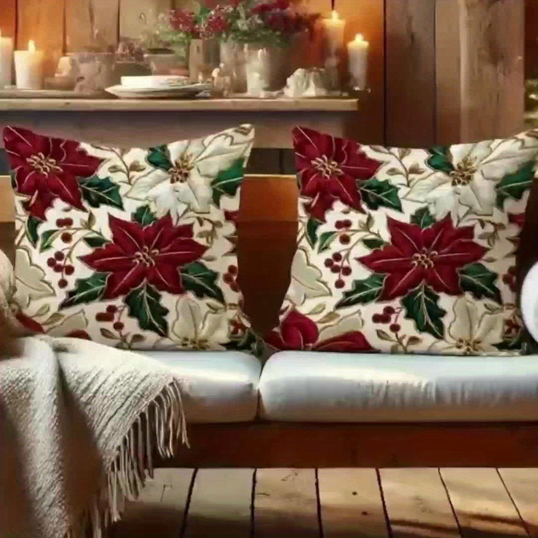 2pcs Red Christmas Tree Pillow Covers with White Cursive Merry Christmas Lettering & Tree Silhouettes - Burgundy Cases for Sofa, Bed, Office - Zippered Holiday Decorations (No Insert) - Hand Wash Only Festive Home Accent