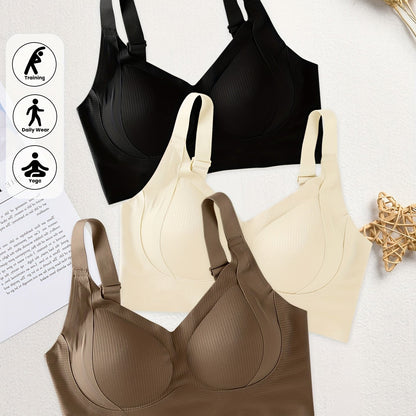 3pcs Women'S Seamless Sports Bras, Wire-Free Push-Up Bra with Full Coverage Back, Smooth and Sexy Underwear for Gym, Yoga, and Casual Wear, Yoga Apparel, Vneck Design, Medium Elasticity, Wireless Bra For Women, Freedaily, Spo