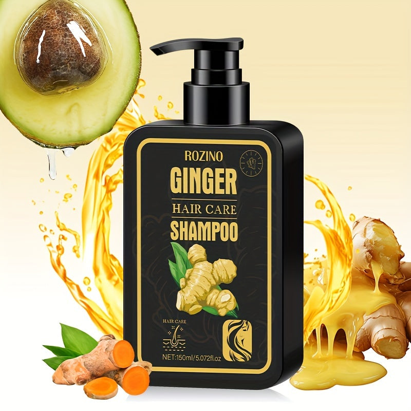 Champô Capilar de Gengibre ROZINO 150ml - Equilibra a oleosidade e a hidratação, fortalece as raízes, nutre os folículos com manteiga de karité, purifica o couro cabeludo para um cabelo suave e hidratado.