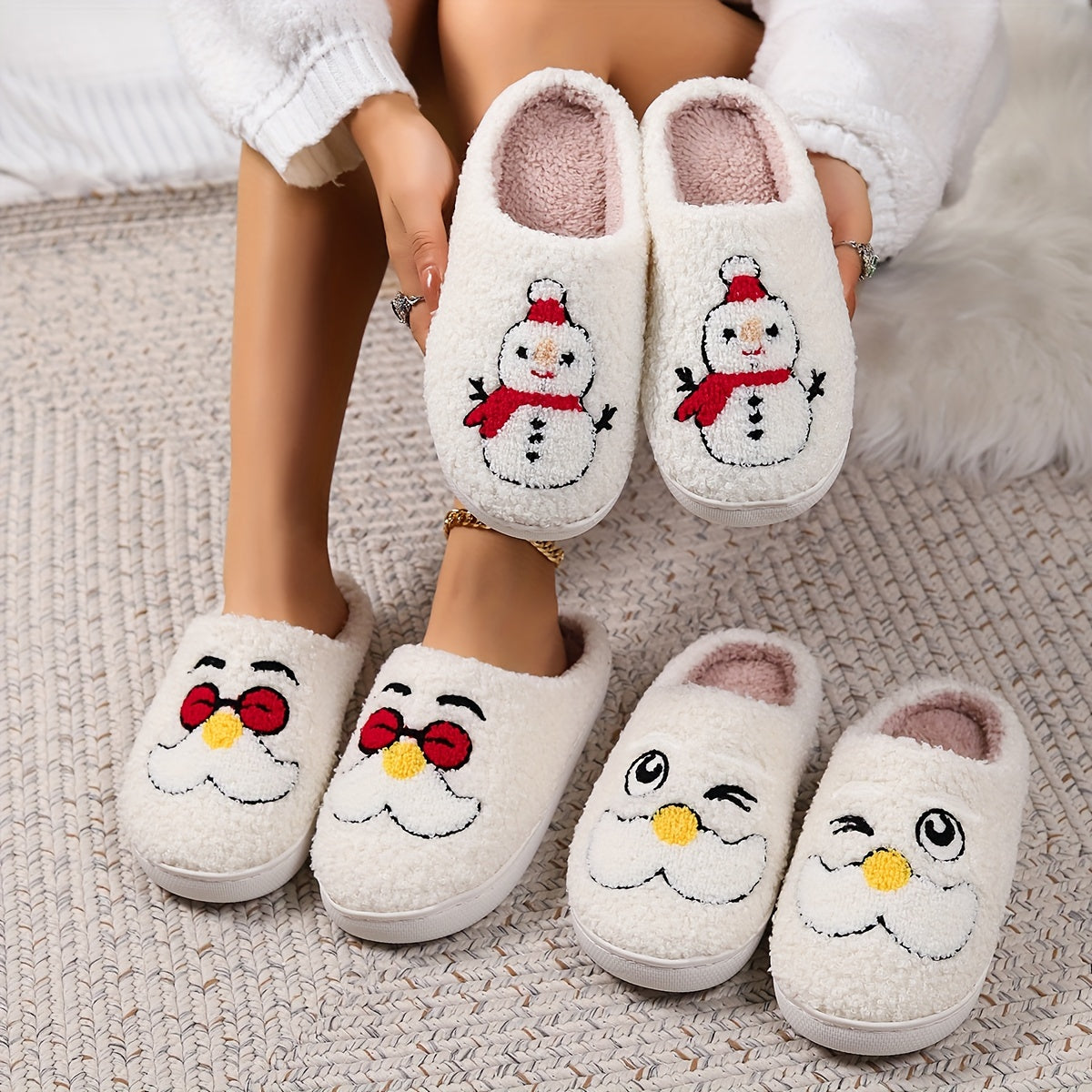 Christmas Tree Pattern Fuzzy Slippers, Winter Warm Closed Toe Flat Floor Shoes, Cozy Soft Sole Plush Home Slippers