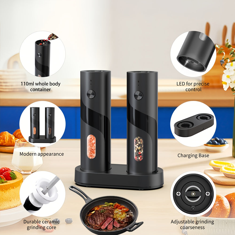Two-piece portable electric pepper and salt grinder set, with base, USB charging, one-handed operation, adjustable coarseness, 300mAh battery capacity, interchangeable design, essential kitchen helper for cooking, perfect too