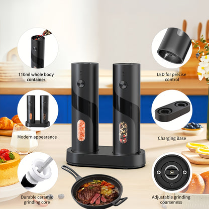 Two-piece portable electric pepper and salt grinder set, with base, USB charging, one-handed operation, adjustable coarseness, 300mAh battery capacity, interchangeable design, essential kitchen helper for cooking, perfect too