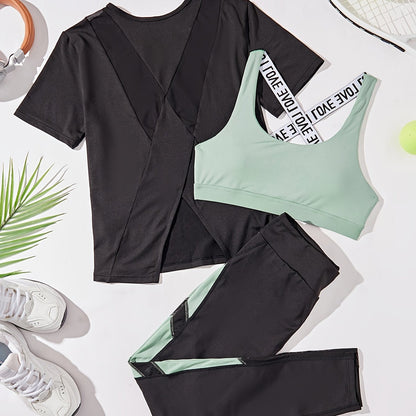 3pcs Women's Yoga Set in Black & Purple - High-Stretch, Sleeveless Sports Bra with Crisscross Straps, Short Sleeve Top & Leggings - Polyester & Elastane Blend, Machine Washable