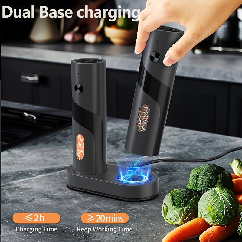 Two-piece portable electric pepper and salt grinder set, with base, USB charging, one-handed operation, adjustable coarseness, 300mAh battery capacity, interchangeable design, essential kitchen helper for cooking, perfect too