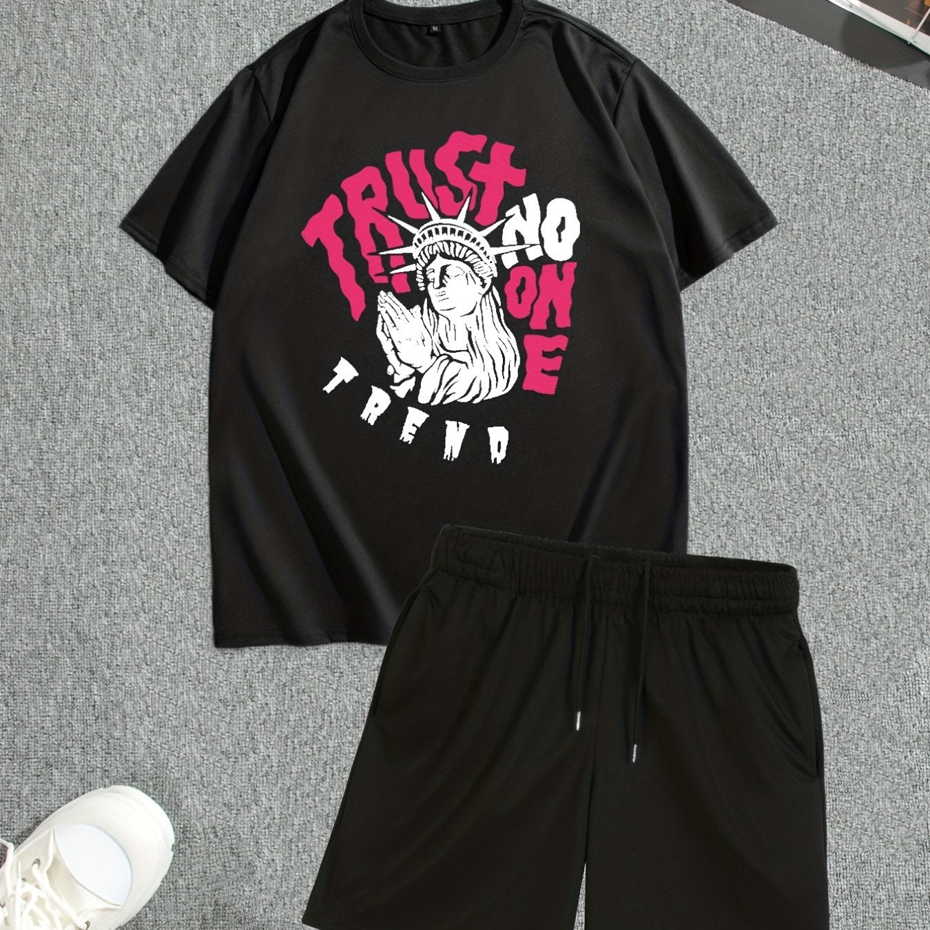 Men's Street Style Summer 2PCS Outfits, Male's Trend TRUST Graphic Short-sleeve Crew Neck T-shirt Drawstring Shorts Set, Casual Clothes For Men