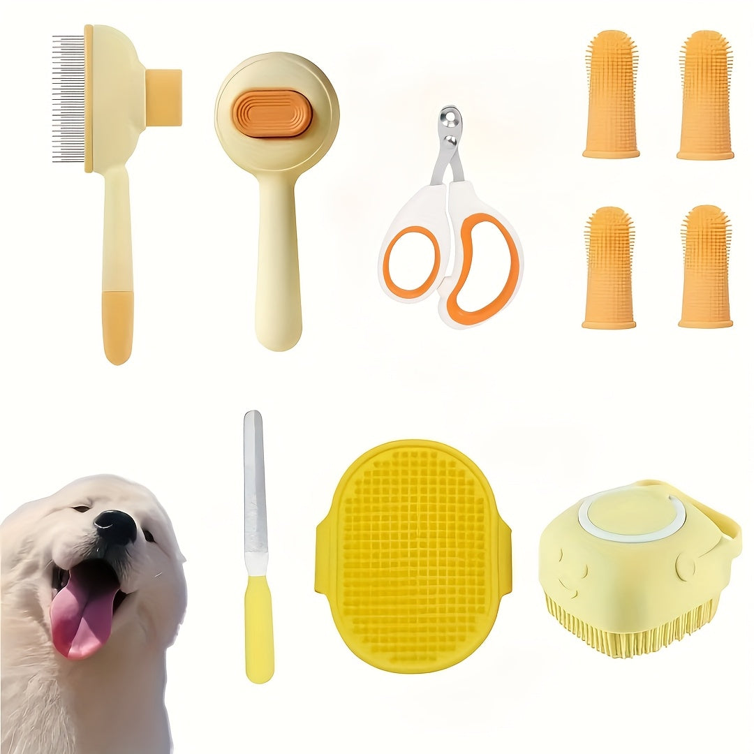 Kit de Higiene Felina 5 em 1 com 8 peças, incluindo escova autolimpante, corta-unhas, pente, escova para remoção de pelos mortos e escova de dentes - Mantenha o seu felino limpo, saudável e feliz.