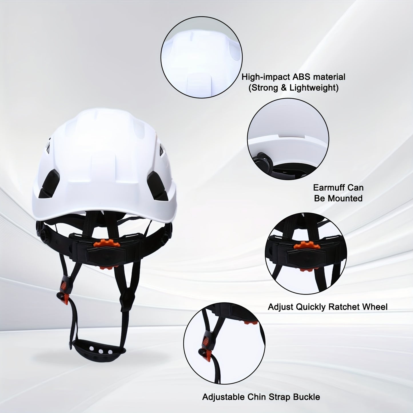 Capacete de segurança ajustável com viseira integrada - Plástico ABS durável, design ergonómico para utilização na construção civil e indústria, branco, equipamento de segurança para a construção, acabamento brilhante elegante, tiras de ajuste seguro.