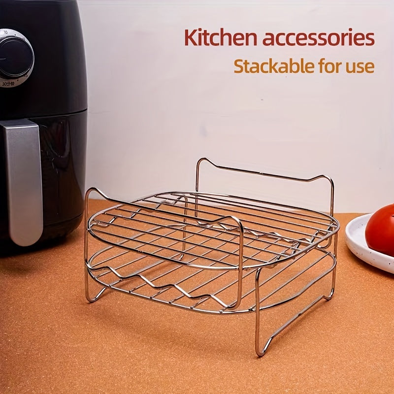 1pc, Air Fryer Rack With 4 Skewers, 19.0cm X 19.0cm X 6.99cm, Nonstick Stainless Steel Dehydrator Rack, Square Air Fryer Baking Rack, Baking Tools, Kitchen Gadgets, Kitchen Accessories