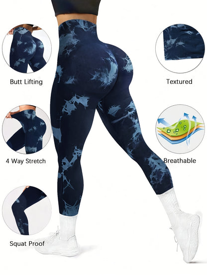 Women's High-Waisted Tummy Control Compression Leggings - Seamless Tight-Fit Gym Pants with Ombre Blue Tie-Dye Print, Full-Length Non-Sheer (Machine Washable, All-Season), for Women, Trendy, Stretchy Fabric, Wear, Lifestyle