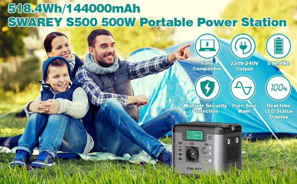 SWAREY Portable Power Bank, Power Station 518 Wh, Solar Generator 500 W AC Output, 65 W USB-C Port, Power Generator Battery for Party, Travel, Camping, Motorhome, Emergency