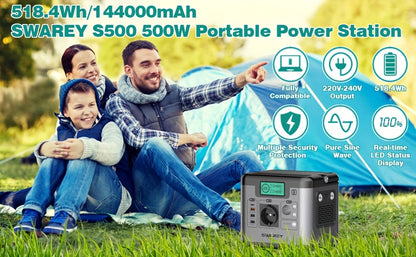 SWAREY Portable Power Bank, Power Station 518 Wh, Solar Generator 500 W AC Output, 65 W USB-C Port, Power Generator Battery for Party, Travel, Camping, Motorhome, Emergency