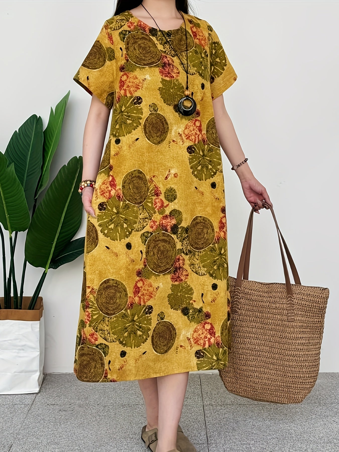 1pc Elegant Linen Tunic Dress for Women, 100% Linen Woven Crew Neck with Pocket Detail, Floral Print, Suitable for Spring/Summer/Fall