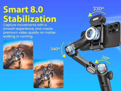 AOCHUAN Smart X Pro 3-Axis Stabilized Phone Gimbal Kit with AI Smart Control, 7-Color RGB Fill Light, OLED Display, Extendable Pole, 360° Rotation, Foldable Design, Long Battery Life, Professional Vlogging & Outdoor Shooting