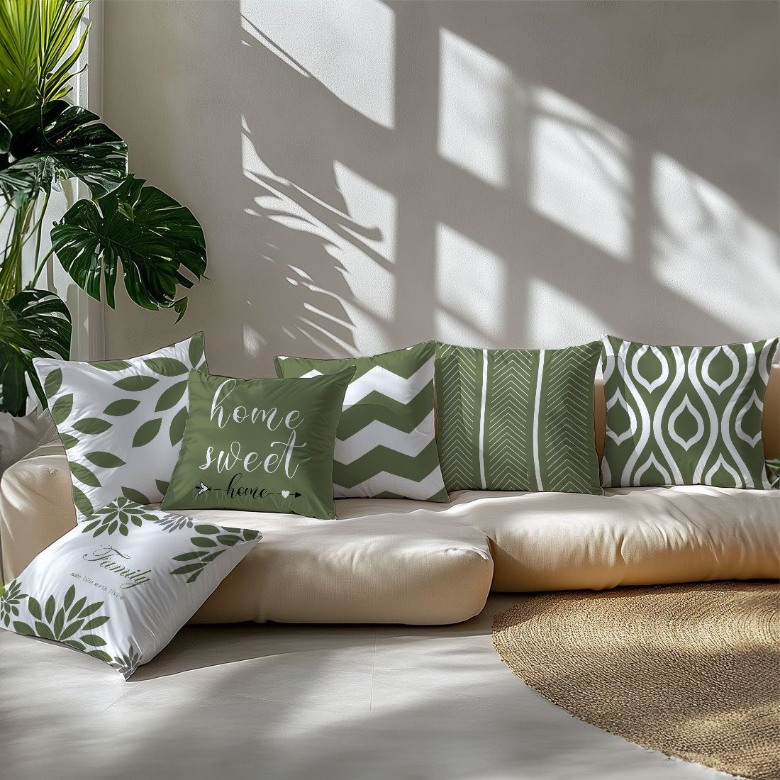 Conjunto de 6 fronhas com estampado geométrico de folhas verdes, impressão num dos lados, com 44,96 x 44,96 cm. Ideais para decoração de sala de estar, sofá e quarto. Não inclui enchimento.