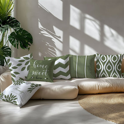 Conjunto de 6 fronhas com estampado geométrico de folhas verdes, impressão num dos lados, com 44,96 x 44,96 cm. Ideais para decoração de sala de estar, sofá e quarto. Não inclui enchimento.