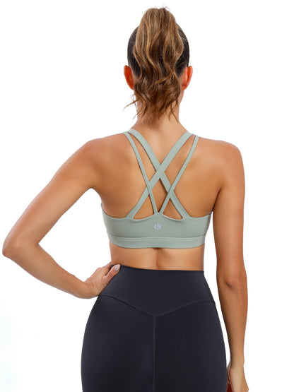 LEOQ Women's Slim Fit Yoga Sports Bra - Elegant Cross-Back Design, Mint Green Nylon Spandex Blend, Removable Pads, Medium Support for Fitness & Yoga, LEOQ