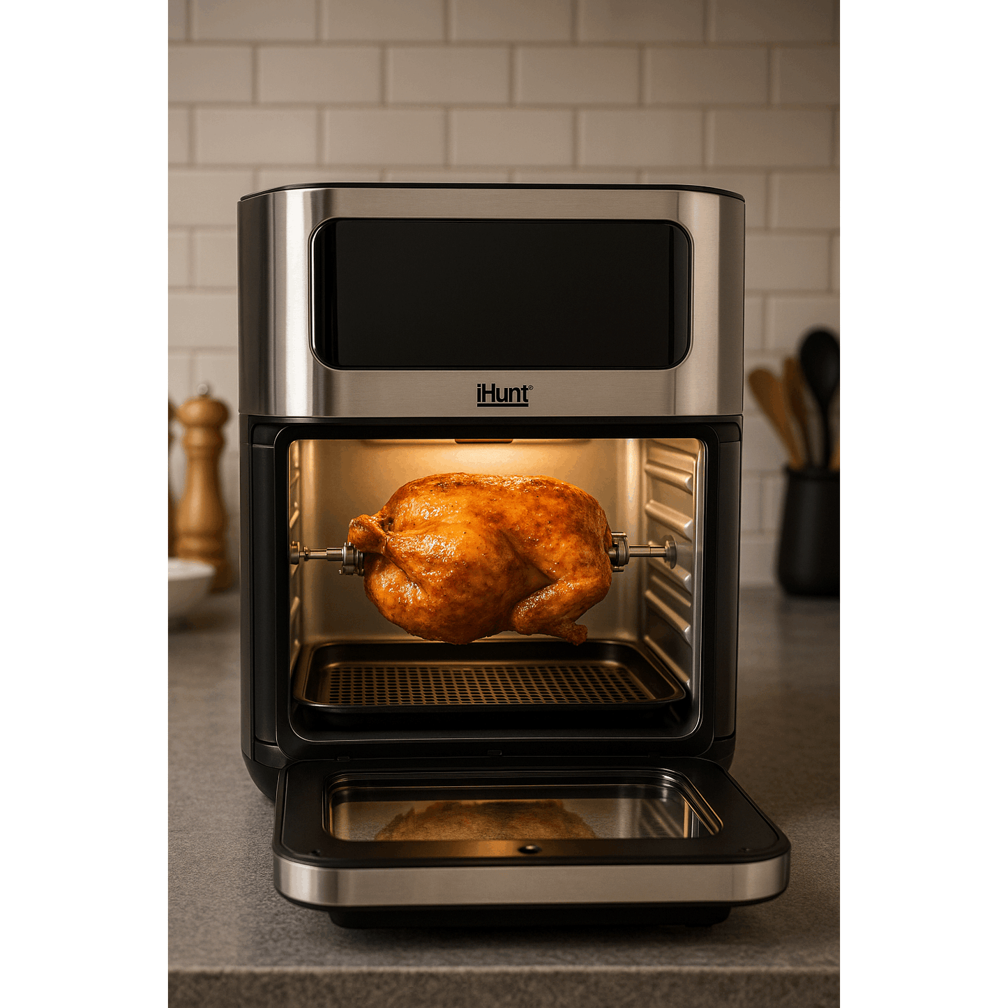 Hot Air Fryer with Rotisserie Without Oil Ihunt Bro Air Fryer 12L Rotary XL, 1800W, 360-Degree Air Circulation, Premium Inox Body, 10 Cooking Functions, Adjustable Temperature, Defrosting, Double Compartment with 3 Cooking Zo