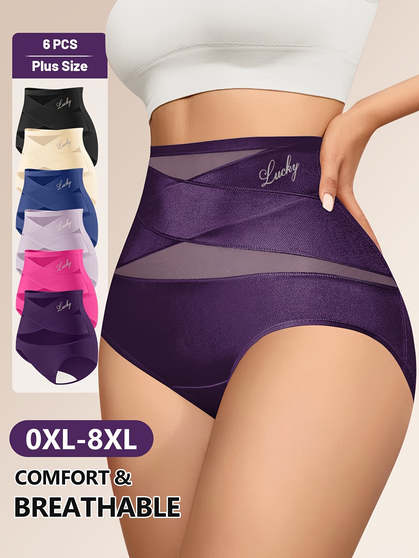 6-Pack MIOTAN Plus Size High-Waisted Tummy Control Panties for Women, Breathable Mesh Crossed Waistband, Seamless Fiber, Shaping Butt Lifting Underwear, Elegant Solid Color, Medium Stretch Knit Fabric, 90% Polyester 10% Elast