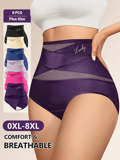 6-Pack MIOTAN Plus Size High-Waisted Tummy Control Panties for Women, Breathable Mesh Crossed Waistband, Seamless Fiber, Shaping Butt Lifting Underwear, Elegant Solid Color, Medium Stretch Knit Fabric, 90% Polyester 10% Elast