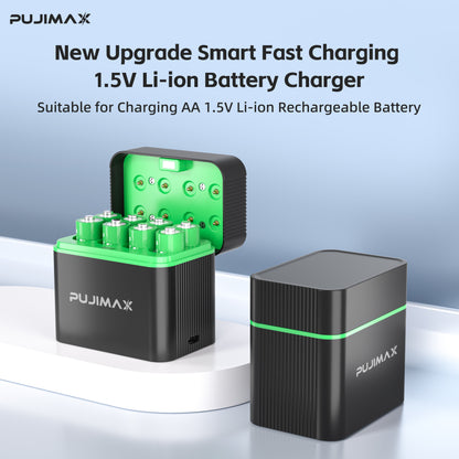 PUJIMAX 8-Section Rechargeable Lithium Battery 4255mWh, High Performance 1.5V Lithium Battery, Ultra-Long Battery Life Rechargeable AA Lithium Battery and Full Function Charging Box - 8 Slot, Black Charging Box [Only Supports