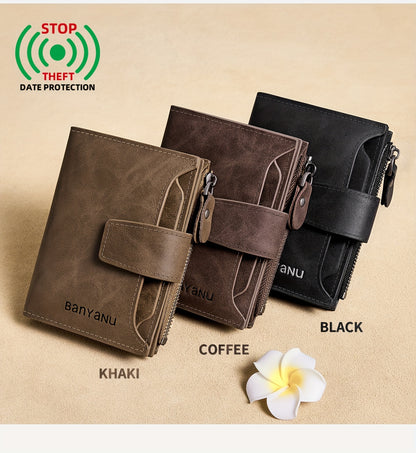 BANYANU Vintage Genuine Leather Wallet for Men - RFID Blocking, 17 Card Slots, Zippered Coin Pocket & Independent Card Holder, Brown, Perfect Father'S Day Gift, Secure Card Storage | Vintage Wallet | Durable Zipper Closure, B