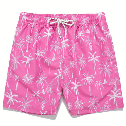 Men's Quick Dry Hawaiian Board Shorts With Pockets, Casual Coconut Tree Graphic Drawstring Swim Trunks For Summer Vacation Beach Pool Outdoor
