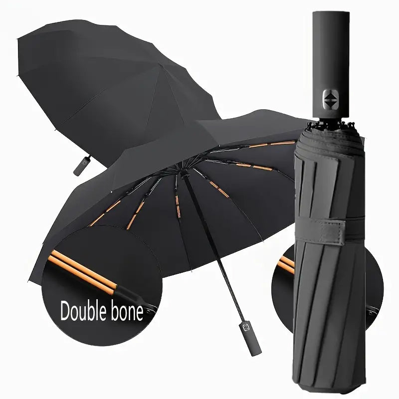 Large Automatic Folding Umbrella - Double Rib Design, Windproof &, 12 Ribs, Compact & Durable, Black with Orange Accents, Dual User Coverage, | Fashion Accessory | High-quality Fabric, Outdoor Umbrella