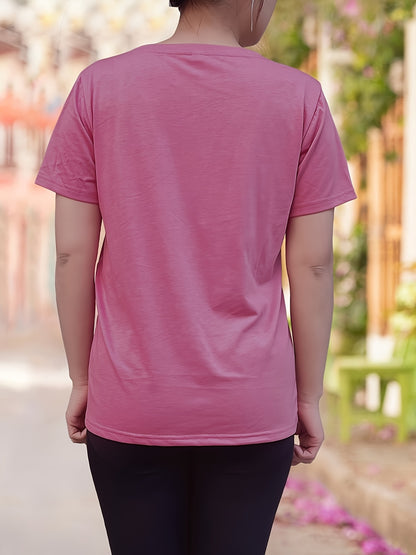 Women's Casual V-Neck T-Shirt with Brooklyn New York Letter Print - Vibrant Pink & Black Graphic, Short Sleeve Regular Fit, Machine Washable for Spring Summer Fall, Ladies T Shirts, Casual Attire, Durable Fabric