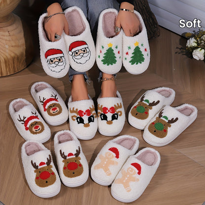 Christmas Tree Pattern Fuzzy Slippers, Winter Warm Closed Toe Flat Floor Shoes, Cozy Soft Sole Plush Home Slippers